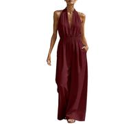 Tuta da donna elegante con scollo a V e allacciatura al collo, Vino, 3XL