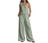 Tuta da donna elegante in lino, abito da sera, due pezzi, spalle scoperte, maglietta e pantaloni a gamba larga, set da 2 pezzi, taglie grandi, per matrimonio, cocktail, feste, per il tempo libero
