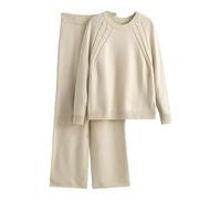 Tuta da donna elegante - Tuta da jogging in due pezzi a maglia + pantaloni a vita alta Baggy Y2K per il tempo libero, tuta ovrsized, tinta unita, set comodo, beige., Taglia unica