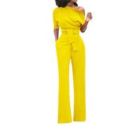 Tuta da donna elegante - Tuta per pantaloni da festa, per donne, matrimoni, feste, abiti, una spalla lunga, tuta estiva a vita alta, senza spalline, tuta intera, giallo., XL