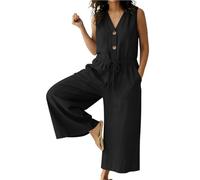 Tuta da donna estiva fluida Marcel Manica Scollo a V Tuta in Lino Matrimonio Tuta Sciolta Casual Con Tasche Pantaloni Gamba Larga Rompers Un Pezzo Per Festa Matrimonio Ufficio, Nero , TG