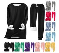 Tuta da donna foderata, set invernale caldo, in due pezzi, in felpa e pantaloni, comoda tuta per il tempo libero, morbido pigiama invernale per le giornate fredde, Colore: rosso, S