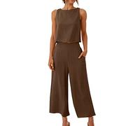 Tuta da donna in 2 pezzi, elegante, estivo, senza maniche, canotta e pantaloni, tuta in cotone e lino con tasche, set di lino per l'estate, 15 Caffè, XXL