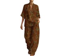 Tuta da donna in 2 pezzi, estiva, in lino, comoda mussola, due pezzi, a maniche corte, con scollo a V e pantaloni larghi, traspirante, per il tempo libero, la spiaggia, le vacanze, caffè, 3XL