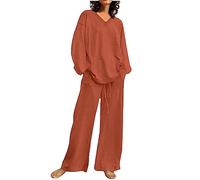 Tuta da donna in cotone e lino, 2 pezzi, estiva leggera, set completo da viaggio, casual, con scollo a V, set da salotto con top a maniche lunghe e pantaloni a gamba larga con tasche, tinta unita, per