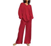 Tuta da donna in cotone e lino, 2 pezzi, estiva leggera, set completo da viaggio, casual, con scollo a V, set da salotto con top a maniche lunghe e pantaloni a gamba larga con tasche, tinta unita, per