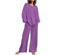 Tuta da donna in cotone e lino, 2 pezzi, estiva leggera, set completo da viaggio, casual, con scollo a V, set da salotto con top a maniche lunghe e pantaloni a gamba larga con tasche, tinta unita, per