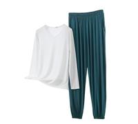 Tuta da donna in cotone lungo, pigiama da donna, con scollo a V, con pigiama, pantaloni caldi, morbidi e confortevoli, in tinta unita, elegante pigiama, i, XL