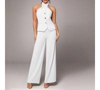 Tuta da donna in due pezzi, elegante e semplice per uso quotidiano, adatta a feste eleganti e stagione primaverile. Senza maniche, monocromatica, con tasche e fibbia metallica dal design slim. Adatta 