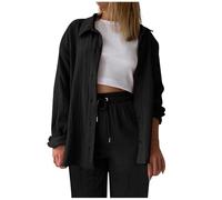 Tuta da donna in due pezzi, elegante, estiva, in lino, a maniche lunghe, in cotone e lino, oversize, per il tempo libero, con bottoni e coulisse, pantaloni lunghi, da jogging, Nero , S