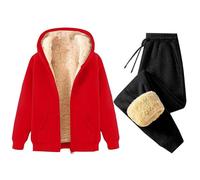 Tuta da donna in due pezzi, set completo da donna, foderato in pile, comodo, set da jogging per l'inverno, caldo, alla moda, con cappuccio, Rosso, L