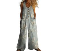 Tuta da donna in lino patchwork floreale, senza maniche, a gamba larga, con bottoni, con tasche, casual, estiva, da donna, blu cielo, M