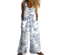 Tuta da donna in lino patchwork floreale, senza maniche, a gamba larga, con bottoni, con tasche, casual, estiva, da donna, Blu, XXL