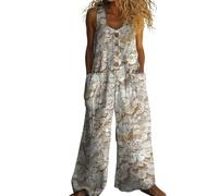 Tuta da donna in lino patchwork floreale, senza maniche, a gamba larga, con bottoni, con tasche, casual, estiva, da donna, Grigio, 3XL