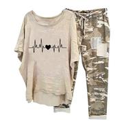 Tuta da donna in lino, taglia grande, in lino, 2 pezzi, set casual, a maniche corte, maglietta e pantaloni larghi, pantaloni capri per il tempo libero, tuta da allenamento, beige., 3XL
