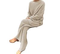 Tuta da donna in maglia, girocollo, top e pantaloni, per il tempo libero, Albicocca, L