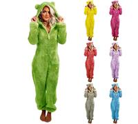 Tuta da donna in pile Teddy Orsetto Onesie Pigiama lungo da donna con cappuccio e chiusura lampo, tuta invernale calda, soffice pigiama unisex con animali, verde, L