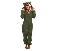Tuta da donna in pile Teddy Orsetto Onesie Pigiama lungo da donna con cappuccio e chiusura lampo, tuta invernale calda, soffice pigiama unisex con animali, verde militare, L