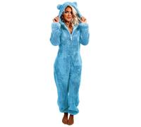 Tuta da donna in pile Teddy Orsetto Onesie Pigiama lungo da donna con cappuccio e chiusura lampo, tuta invernale calda, soffice pigiama unisex con animali, Blu, L