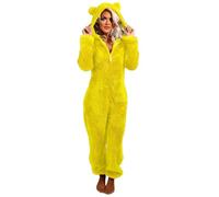 Tuta da donna in pile Teddy Orsetto Onesie Pigiama lungo da donna con cappuccio e chiusura lampo, tuta invernale calda, soffice pigiama unisex con animali, giallo., L