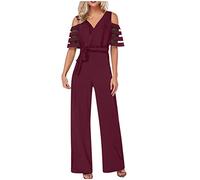 Tuta da donna in rete a maniche corte tuta a gamba larga tuta da donna salopette con scollo a V tinta unita salopette estiva pagliaccetto sciolto casual outfit Activewear tuta Plus Size, 1 vino., M