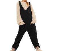 Tuta da donna in velluto a coste senza maniche casual tute larghe con tasche da donna inverno caldo comodo pantaloni monopezzo tinta unita scollo a V gamba dritta tute, Nero , M
