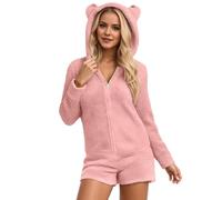 Tuta da donna morbida in pile, con orecchie da orsacchiotto, con cappuccio, tuta intera con animali, pigiama invernale, caldo, onesie peluche, pigiama da letto, tuta intera, R rosa, M