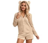 Tuta da donna morbida in pile, con orecchie da orsacchiotto, con cappuccio, tuta intera con animali, pigiama invernale, caldo, onesie peluche, pigiama da letto, tuta intera, R beige, M
