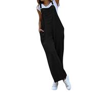 Tuta da donna morbida salopette estiva in cotone e lino, con tasche, pantaloni da lavoro, casual, oversize, senza maniche, per il tempo libero, Nero , S
