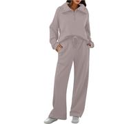 Tuta da donna oversize a maniche lunghe con mezza zip e pantaloni a vita alta, 2 pezzi con tasche, 1a-cachi, XL