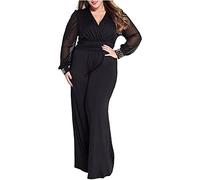 Tuta da donna per feste, grandi dimensioni, per lavoro, grandi dimensioni, sexy, a maniche lunghe, scollo a V, elegante, lunga, in rete, per feste di matrimonio, Nero , M
