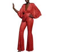 Tuta da donna scintillante con scollo a V profondo a maniche lunghe Clubwear tuta con paillettes elegante plus size gamba larga pantaloni lunghi pagliaccetti festival glitter costume rave outwear
