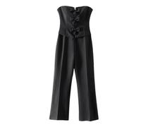 Tuta da donna senza spalline con dettaglio fiocco slim fit gamba larga vestito un pezzo per feste uso quotidiano, Nero , M