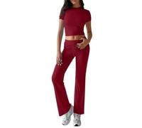 Tuta da donna, set completo estivo, scollo rotondo, maniche corte, top corto a vita alta, coulisse in vita, pantaloni elasticizzati a gamba dritta, pantaloni a lunghezza intera, casual, abbigliamento