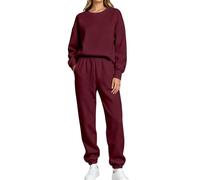 Tuta da donna, set completo per l'inverno, a maniche lunghe, in pile | Set di tuta da donna, due pezzi, per il tempo libero, felpa girocollo e pantaloni della tuta, tinta unita