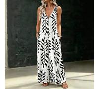 Tuta da donna, stile boho, senza maniche, scollo a V, stampa a foglie, per | Gamba larga, un pezzo, vestibilità fluida, tuta casual, vacanze al mare, abbigliamento per il fine settimana