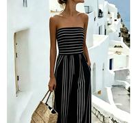 Tuta da donna stile vacanza estiva nuova con design a fascia a righe, silhouette ampia e fluida, crea senza sforzo una sensazione casual e confortevole, colore di base beige abbinato a sottili righe n