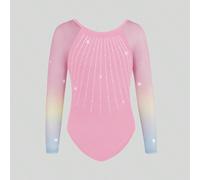 Tuta da ginnastica a maniche lunghe con effetto sfumato in rete per ragazze pre-adolescenti, body da ginnastica decorato con strass, tuta da fitness, sport all'aperto, danza, yoga e ginnastica con tes