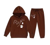 Tuta da ginnastica casual con cappuccio per ragazze con simpatica stampa a pugni e tasche con coulisse per la stagione autunno-inverno, marrone, 6-7 Anni