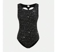 Tuta da ginnastica casual e sportiva per ragazze pre-adolescenti, elegante e lucida, in maglia elastica e senza schienale, colore nero 8Y,9Y,10Y,11Y,12Ystampa dappertuttoPoliestere