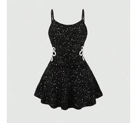 Tuta da ginnastica casual e sportiva per ragazze pre-adolescenti, elegante e lucida, in maglia elastica e senza schienale, colore nero 8Y,9Y,10Y,11Y,12YPiantePoliestere