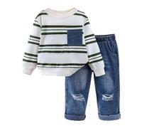 Tuta da ginnastica per bambini 3-7 anni, set completo, 2 pezzi, felpa girocollo a maniche lunghe con stampa a righe e jeans larghi, Y2k, abbigliamento sportivo confortevole, abbigliamento casual per