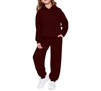 Tuta da ginnastica per bambini, set completo da 2 pezzi, per ragazzi e ragazze, oversize, a maniche lunghe, con cappuccio, pantaloni larghi e pantaloni da jogging per la scuola, vino, 13-14 Years