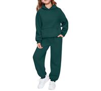 Tuta da ginnastica per bambini, set completo da 2 pezzi, per ragazzi e ragazze, oversize, a maniche lunghe, con cappuccio, pantaloni larghi e pantaloni da jogging per la scuola, Verde scuro, 11-12