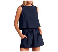 Tuta da jogging da donna, estiva, set da due pezzi, canotta e pantaloncini Lounge Wear Y2K, tuta sportiva leggera, per la casa, lo sport e il tempo libero, O blu navy, XXL