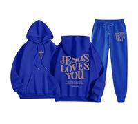 Tuta da jogging da donna, in pile, in due pezzi, con stampa JESUS LOVES YOU, 2 pezzi, tuta da jogging con cappuccio e pantaloni da jogging, in cotone, per il tempo libero, #275, S