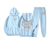 Tuta da jogging da donna, in pile, in due pezzi, con stampa JESUS LOVES YOU, 2 pezzi, tuta da jogging con cappuccio e pantaloni da jogging, in cotone, per il tempo libero, #277, S