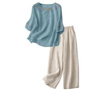 Tuta da jogging da donna, per il tempo libero, in cotone e lino, da donna, in lino, con gamba, pantaloni larghi, set da due pezzi, top e pantaloncini, tuta, Blu, 3XL