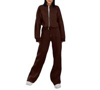 Tuta da jogging da donna, set da due pezzi, cerniera e tasche, giacca e coulisse, per sport e fitness, giacca sportiva con chiusura lampo e gamba larga, caffè, L