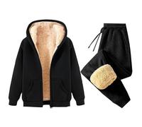 Tuta da jogging da donna, taglie grandi, set sportivo da donna, invernale, foderata, in pile e pantaloni da jogging, 2 pezzi, con cappuccio, in tinta unita, per allenamento, streetwear, Nero , M
